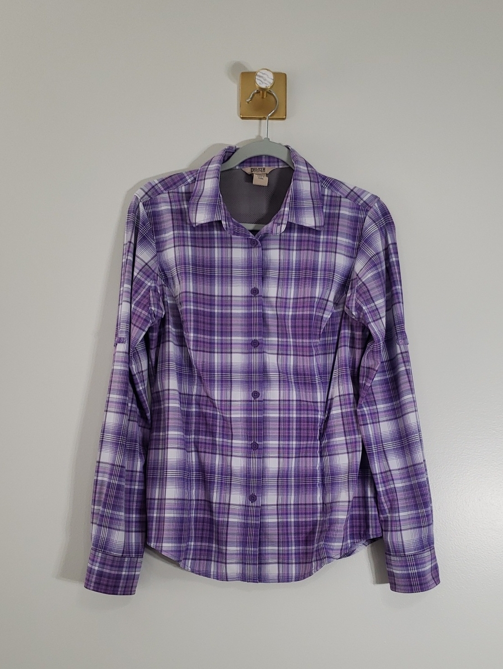 Duluth Trading Co Long Sleeve Button Up Top Women Small Purple Plaid Nylon Blend